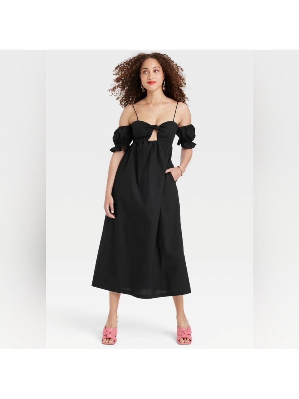 Black Off-Shoulder Midi Dress with Tie Front Puff Sleeves Size Large
